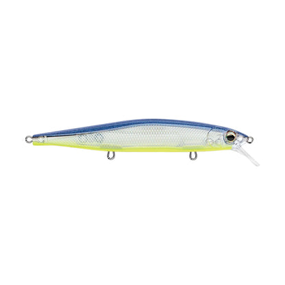 The Rapala PXR Mavrik 110 Jerkbait, part of Rapala's Precision Xtreme Series, is a fish-shaped lure with a blue back, silver sides, yellow belly, and a clear front lip for diving.