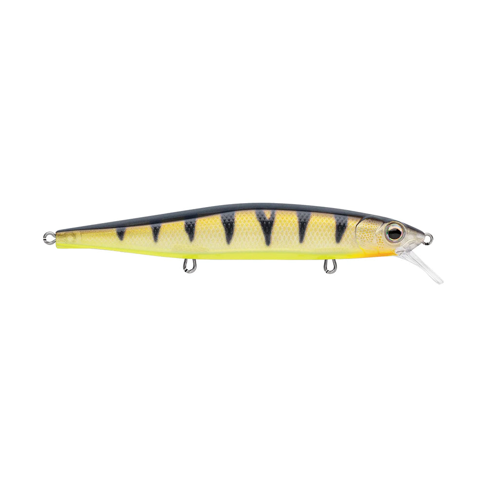 The Rapala PXR Mavrik 110 Jerkbait is a yellow and black striped lure with a silver eye, small clear lip, and three metal underside attachment rings, designed for long casts in the Precision Xtreme Series.