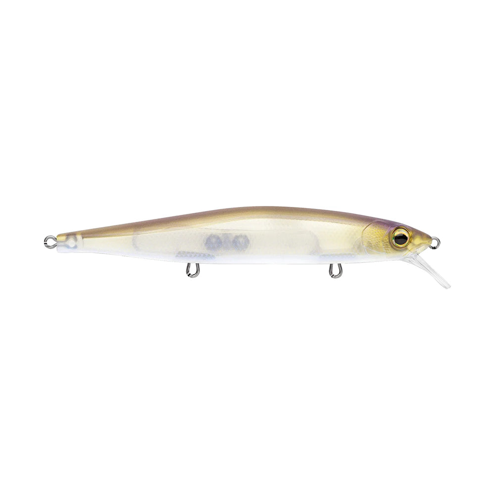 The Rapala PXR Mavrik 110 Jerkbait is a realistic, long-casting lure with a translucent body, yellow-brown back, prominent eye, two hooks, and a diving plastic lip—perfect for enticing fish.