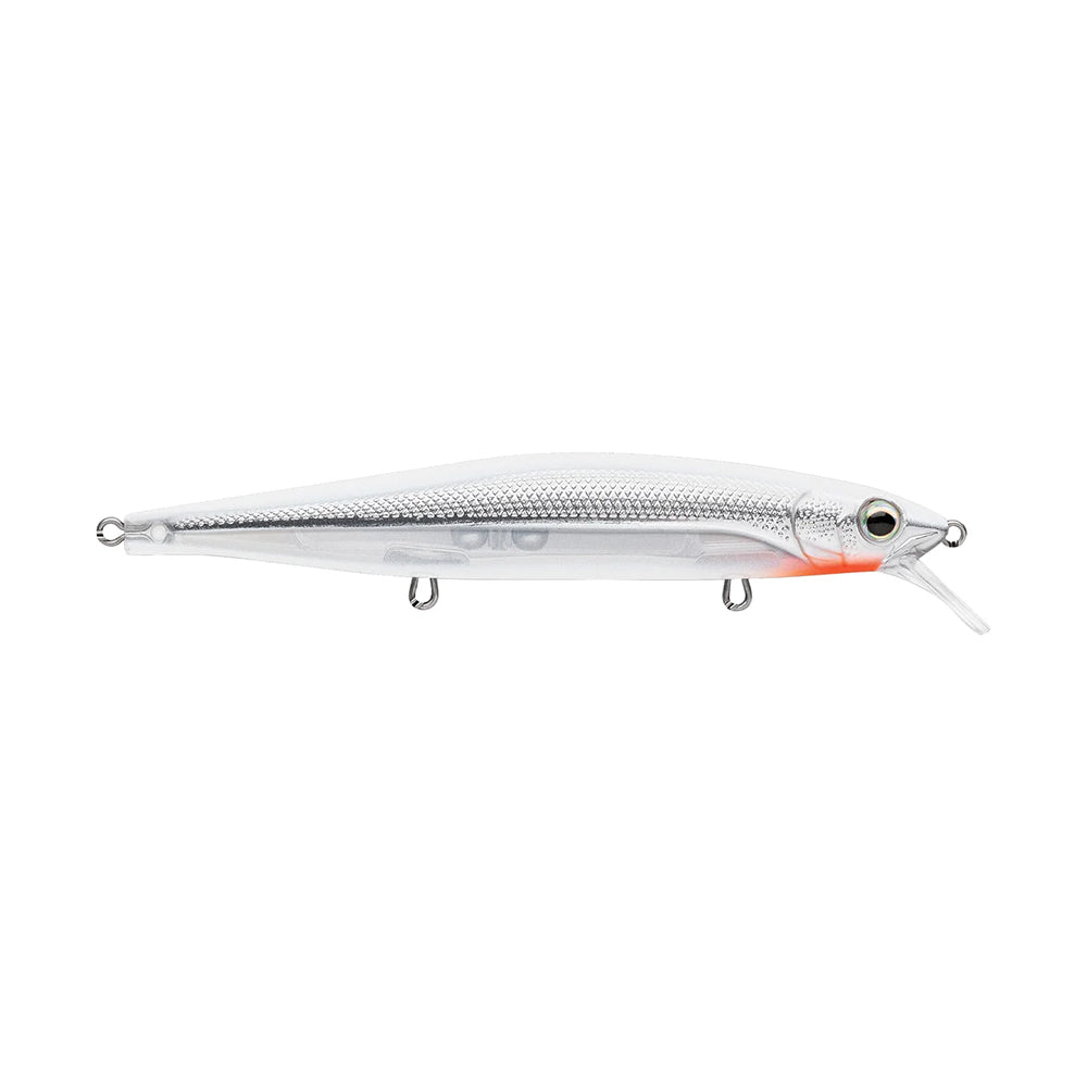 The Rapala PXR Mavrik 110 Jerkbait is a silver and white long-cast lure from Rapala's Precision Xtreme Series, featuring a streamlined body, fish scale pattern, an orange spot by the mouth, and three metal eyelets underneath.