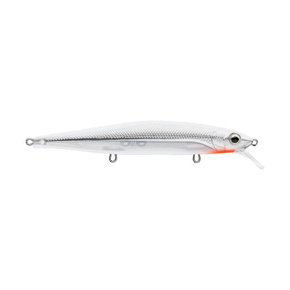 The Rapala PXR Mavrik 110 Jerkbait is a silver and white long-cast lure from Rapala's Precision Xtreme Series, featuring a streamlined body, fish scale pattern, an orange spot by the mouth, and three metal eyelets underneath.