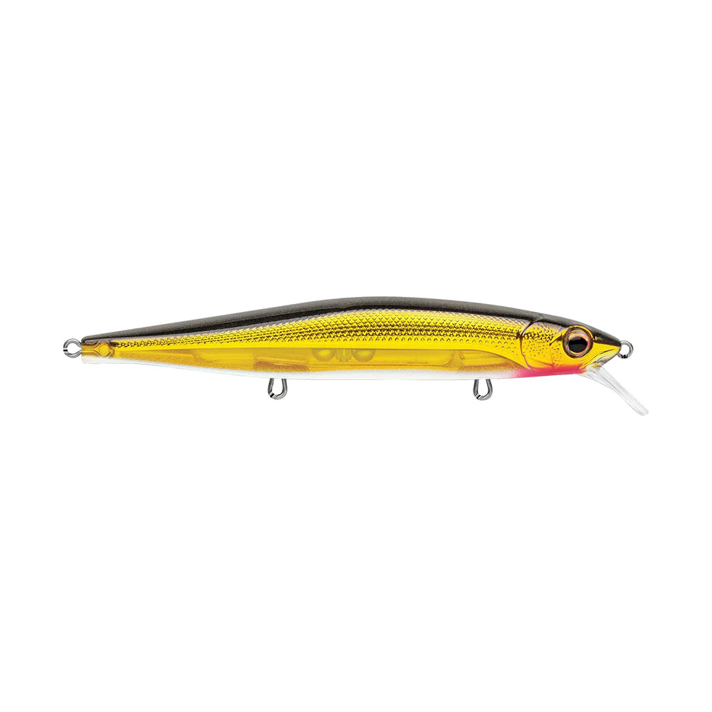 The Rapala PXR Mavrik 110 Jerkbait is a gold and black long-cast lure with a realistic fish design, red head detail, silver underbelly, two underside hooks, and a clear plastic lip from Rapala’s Precision Xtreme Series.