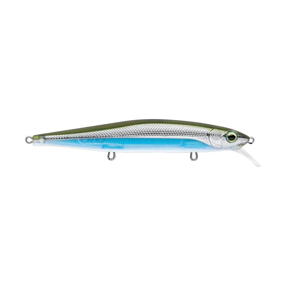 The Rapala PXR Mavrik 110 Jerkbait is a long-cast lure shaped like a small fish, featuring a silver body, green back, blue belly, realistic details, two hooks, and a clear plastic lip. Part of Rapala’s Precision Xtreme Series.
