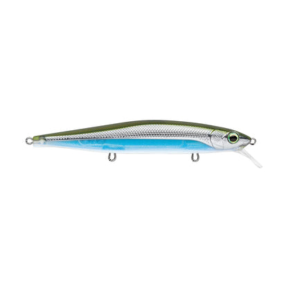 The Rapala PXR Mavrik 110 Jerkbait is a long-cast lure shaped like a small fish, featuring a silver body, green back, blue belly, realistic details, two hooks, and a clear plastic lip. Part of Rapala’s Precision Xtreme Series.