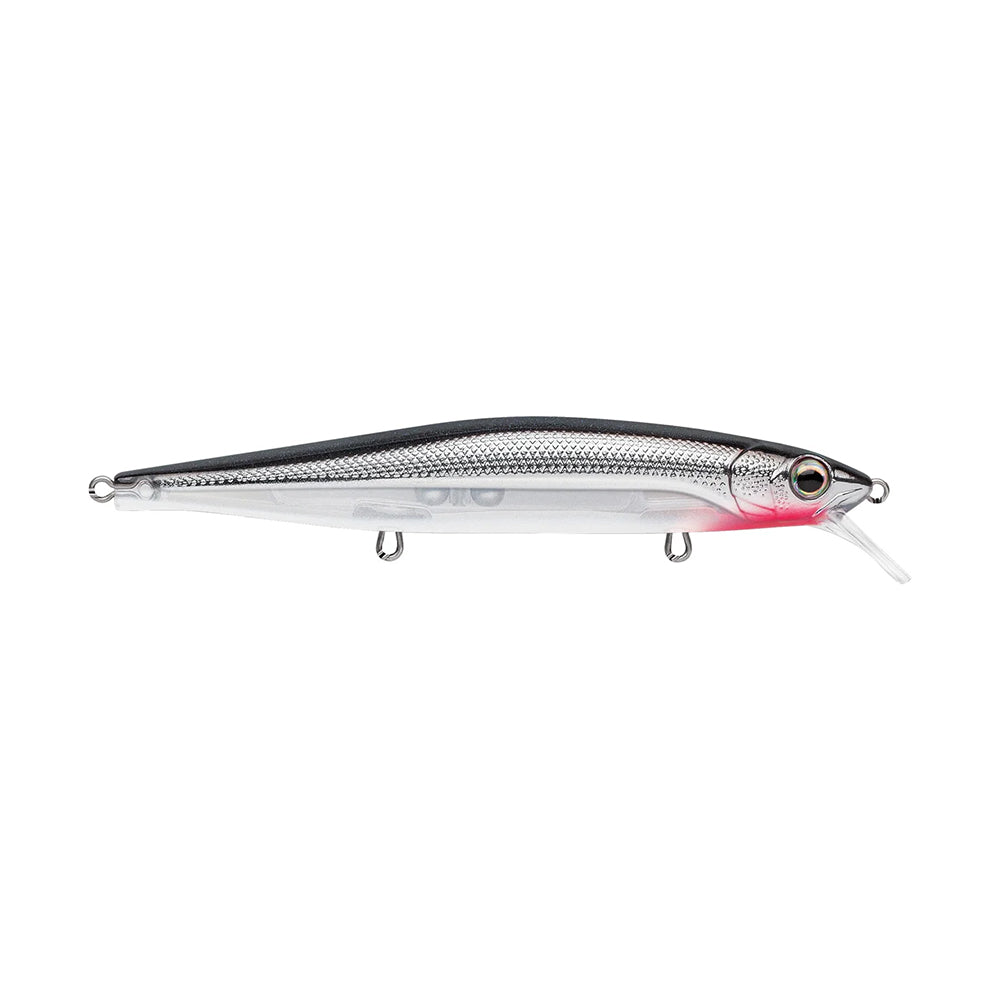 The Rapala PXR Mavrik 110 Jerkbait features a silver and black lifelike finish, two treble hooks, a red head accent, and a clear diving lip. Ideal as a long-cast jerkbait from Rapala’s Precision Xtreme Series.