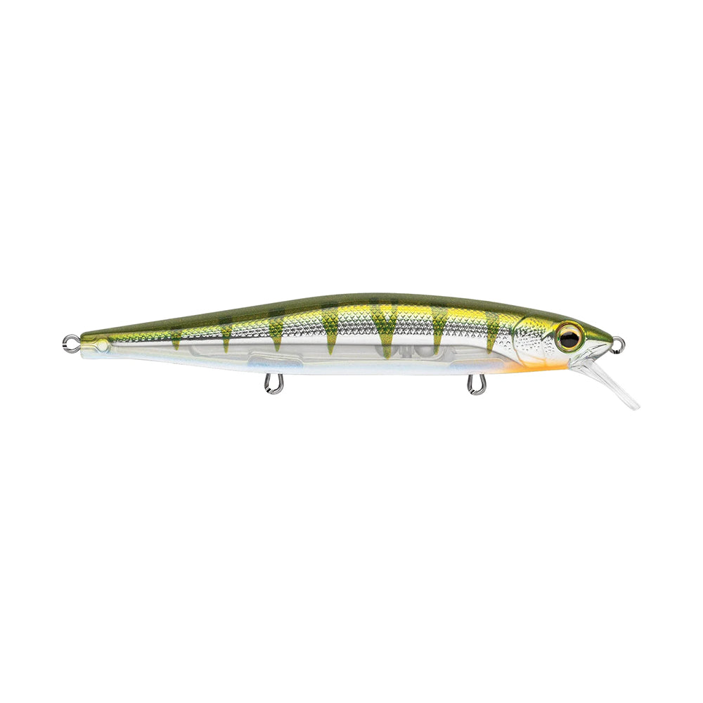 The Rapala PXR Mavrik 110 Jerkbait from Rapala features green and yellow stripes, an orange gill mark, silver scales, two treble hooks, and is designed for long casts as part of the Precision Xtreme Series.