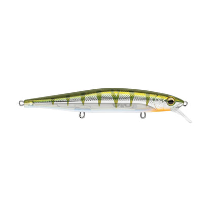 The Rapala PXR Mavrik 110 Jerkbait from Rapala features green and yellow stripes, an orange gill mark, silver scales, two treble hooks, and is designed for long casts as part of the Precision Xtreme Series.
