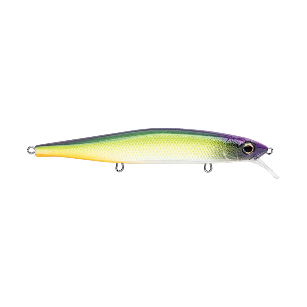 The Rapala PXR Mavrik 110 Jerkbait features a vibrant metallic green, yellow, and white body with a purple head, small plastic lip, and three metal attachment points—ideal for fans of the Precision Xtreme Series.