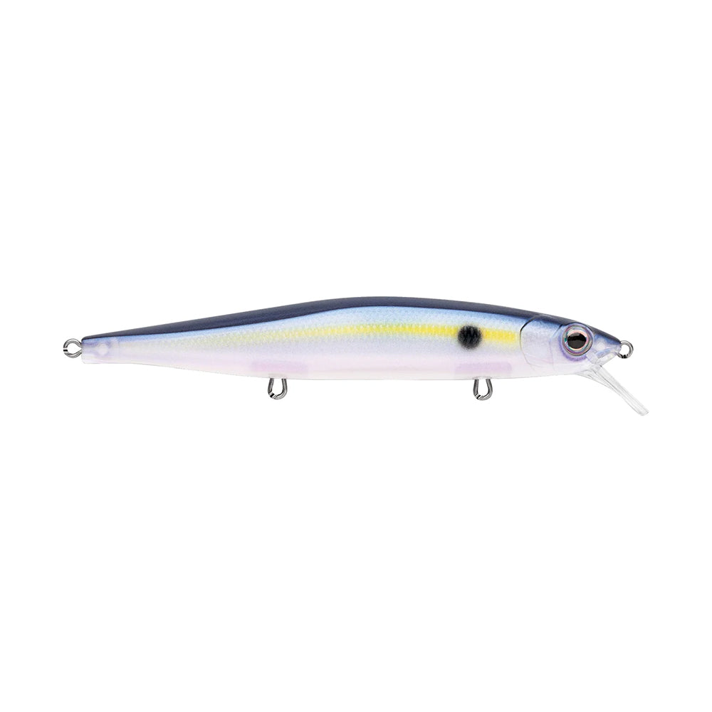 The Rapala PXR Mavrik 110 Jerkbait is a realistic, long-cast lure with a blue and silver body, yellow stripe, black spot, and clear plastic diving lip from the Rapala Precision Xtreme Series.