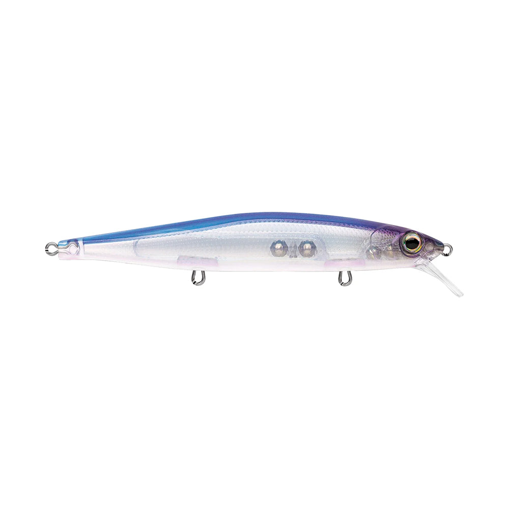 The Rapala PXR Mavrik 110 Jerkbait is a translucent, long-cast lure with a blue top, silver sides, and curved lip designed to closely mimic real fish.