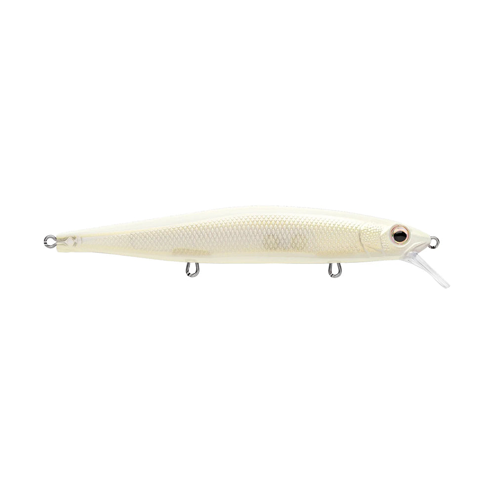The Rapala PXR Mavrik 110 Jerkbait is a white, long-cast lure from the Precision Xtreme Series with a realistic fish shape, red and black eyes, textured scales, three metal rings, and a small transparent bill near the head.