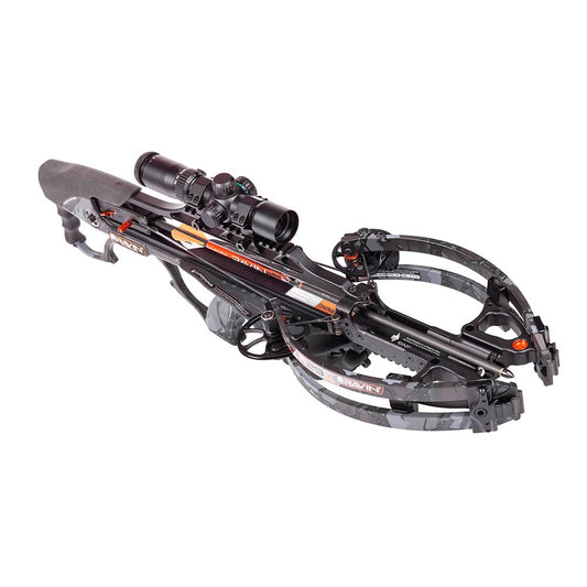 The Ravin R29X Crossbow | R040 by Ravin features a modern black design with orange accents, a camouflage frame, scope attachment, Silent Cocking System, and delivers impressive speeds up to 450 FPS.