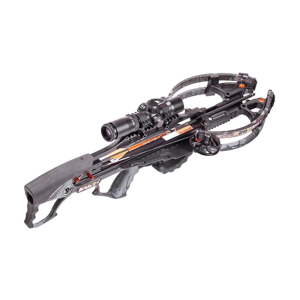 The Ravin R29X Crossbow | R040 by Ravin is displayed front-side on a white background, featuring a silent cocking system, camo limbs, black stock, and delivers speeds up to 450 FPS.