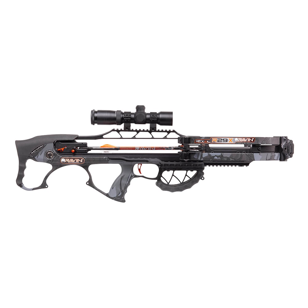 The Ravin R29X Crossbow | R040 by Ravin features a black tactical design, ergonomic stock, Silent Cocking System, attached scope, and "Ravin R29X" label in orange/white. Fires bolts up to 450 FPS.