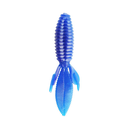 The Reaction Innovations Sweet Beaver 4.20 is a blue, ribbed soft plastic lure with a segmented body and two large flippers that mimic an aquatic creature. Its detailed texture makes it a perfect flipping bait, designed by Reaction Innovations to attract fish.