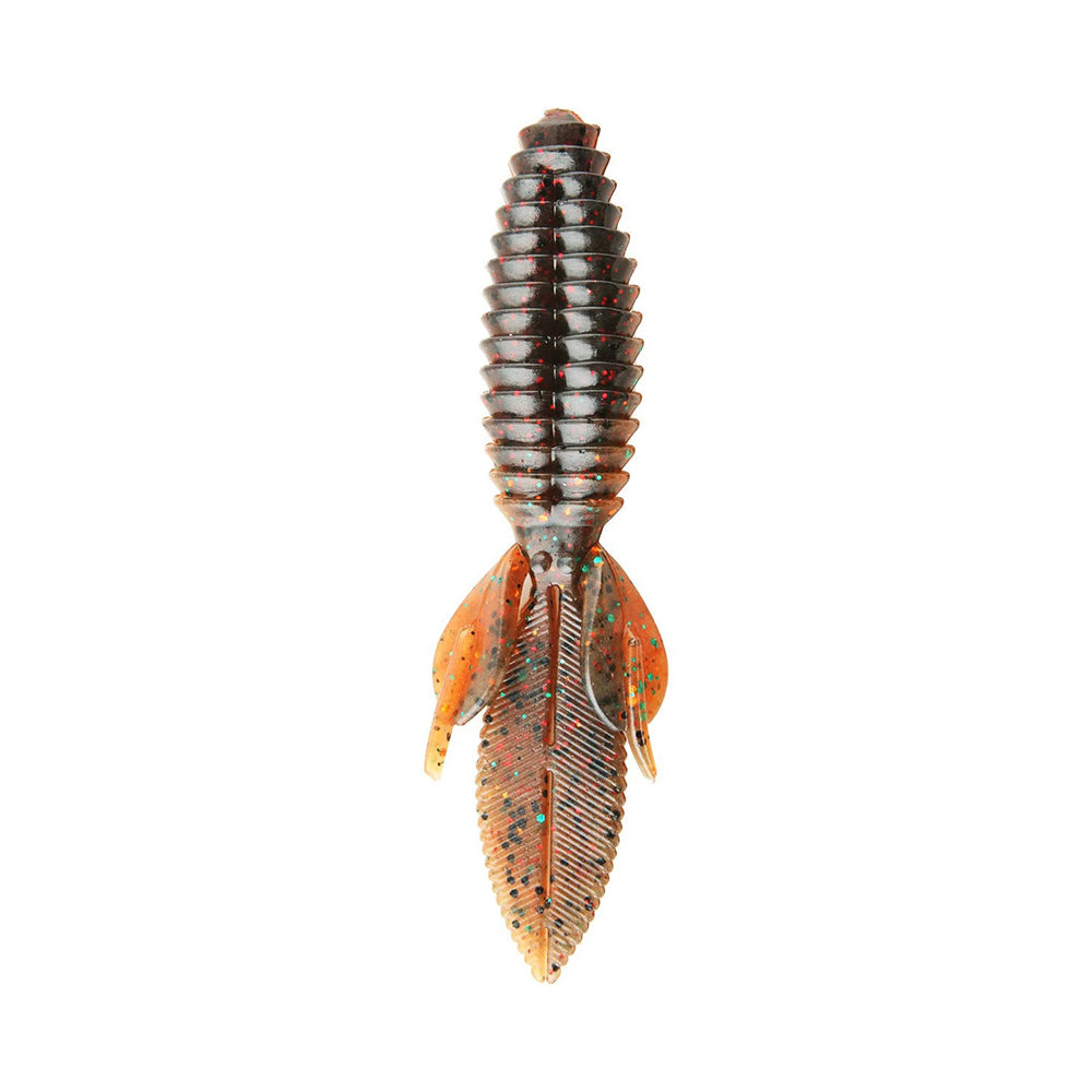 The Reaction Innovations Sweet Beaver 4.20 by Reaction Innovations is a soft plastic fishing lure, ideal as a flipping bait, with a ribbed body, multiple limbs, and a flat textured tail. It features brown with orange accents and speckled patterns.