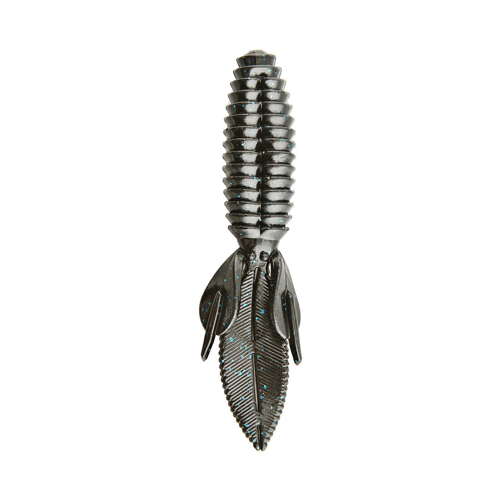 The Reaction Innovations Sweet Beaver 4.20 is a black, textured soft plastic insect-shaped lure with a ribbed body and two leaf-like wings. It features a shiny finish with blue speckles, making it ideal for flipping or as an alternative in your tackle box.