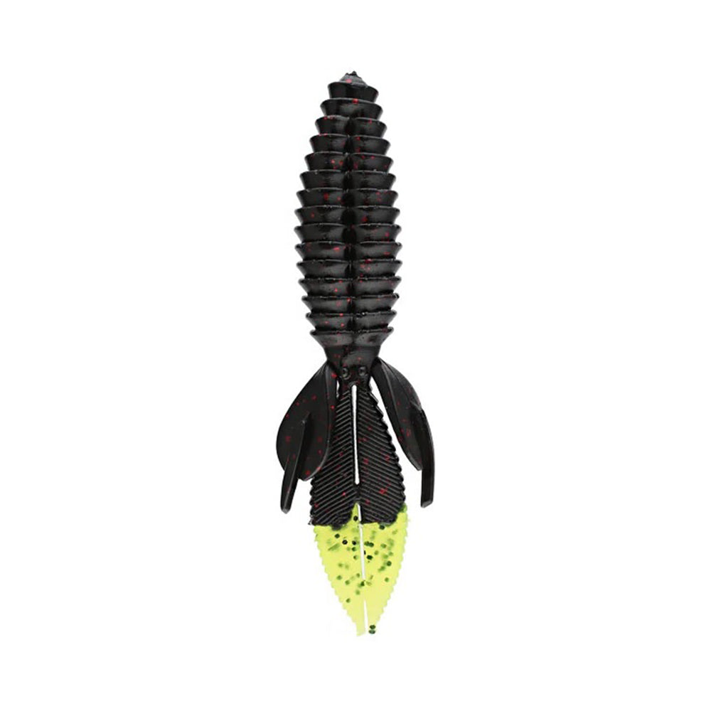 Introducing the Reaction Innovations Sweet Beaver 4.20: A sleek black flipping bait with a textured, segmented cone-shaped body, accented with red. It features two flared appendages and a vibrant yellow tail speckled with dark spots, making it ideal for attracting your next big catch.