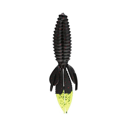 Introducing the Reaction Innovations Sweet Beaver 4.20: A sleek black flipping bait with a textured, segmented cone-shaped body, accented with red. It features two flared appendages and a vibrant yellow tail speckled with dark spots, making it ideal for attracting your next big catch.