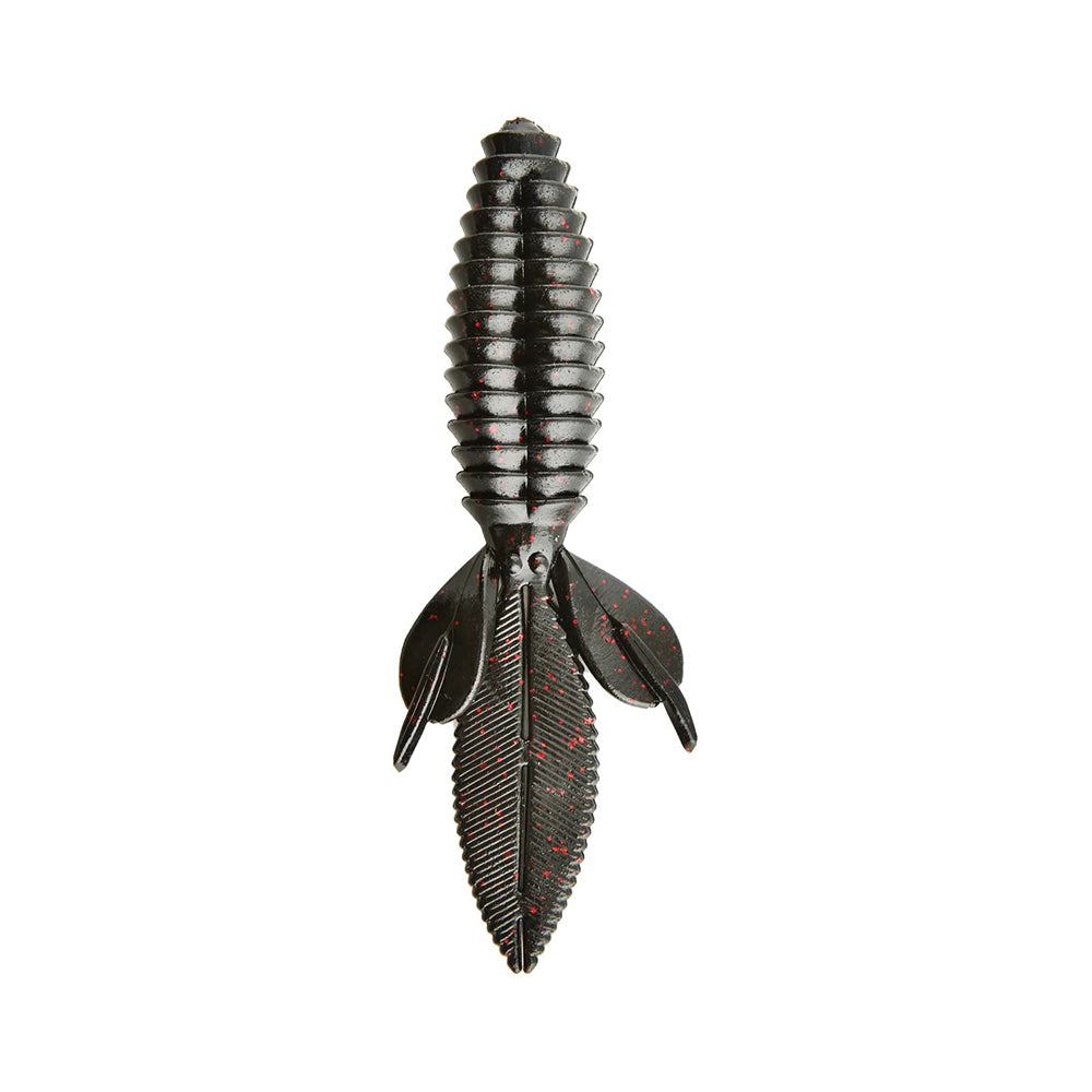 Close-up of Reaction Innovations Sweet Beaver 4.20 by Reaction Innovations, a black soft plastic lure with a ribbed body and red speckles, featuring leaf-like appendages for dynamic water movement.