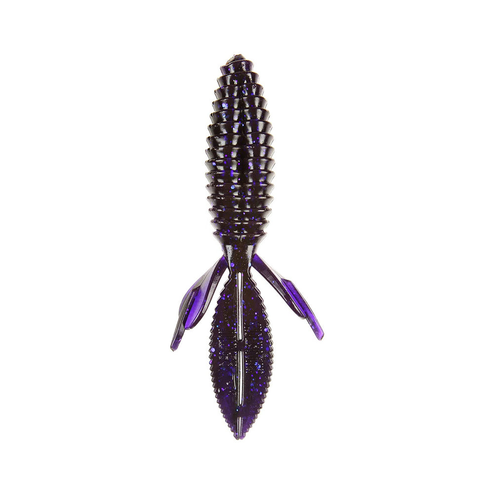 The Reaction Innovations Sweet Beaver 4.20 is a dark purple, ribbed fishing lure shaped like a small creature with a conical body, two side fins, and a pointed tail. Its shiny, smooth texture makes it perfect for flipping bait in the water.