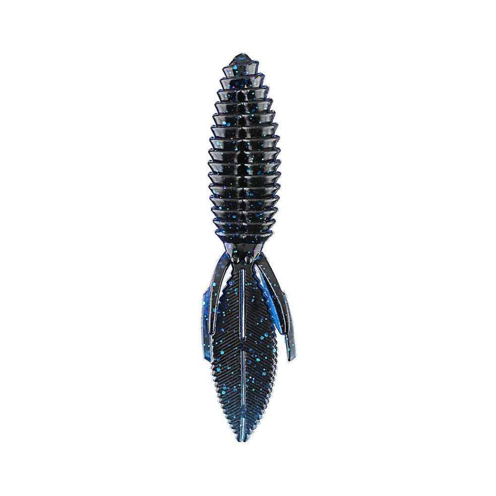 The Reaction Innovations Sweet Beaver 4.20 is a black and blue textured rubber fishing lure, resembling a segmented beetle with leaf-like appendages, and is ideal as flipping bait.
