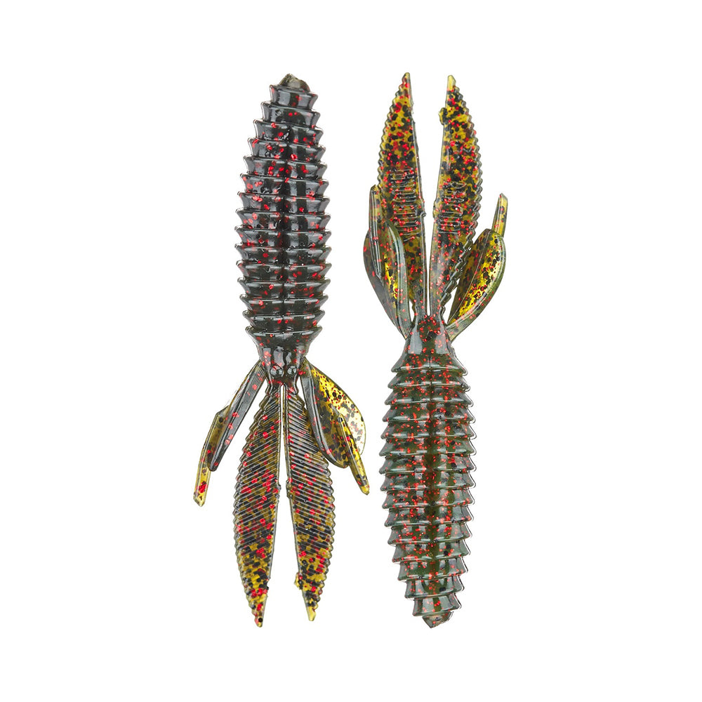 The Reaction Innovations Sweet Beaver 4.20 lures mimic insect larvae with segmented bodies and multiple appendages. Made of soft plastic, they feature a mix of black, red, and yellow with a textured shiny surface—ideal as flipping bait for your next fishing trip.