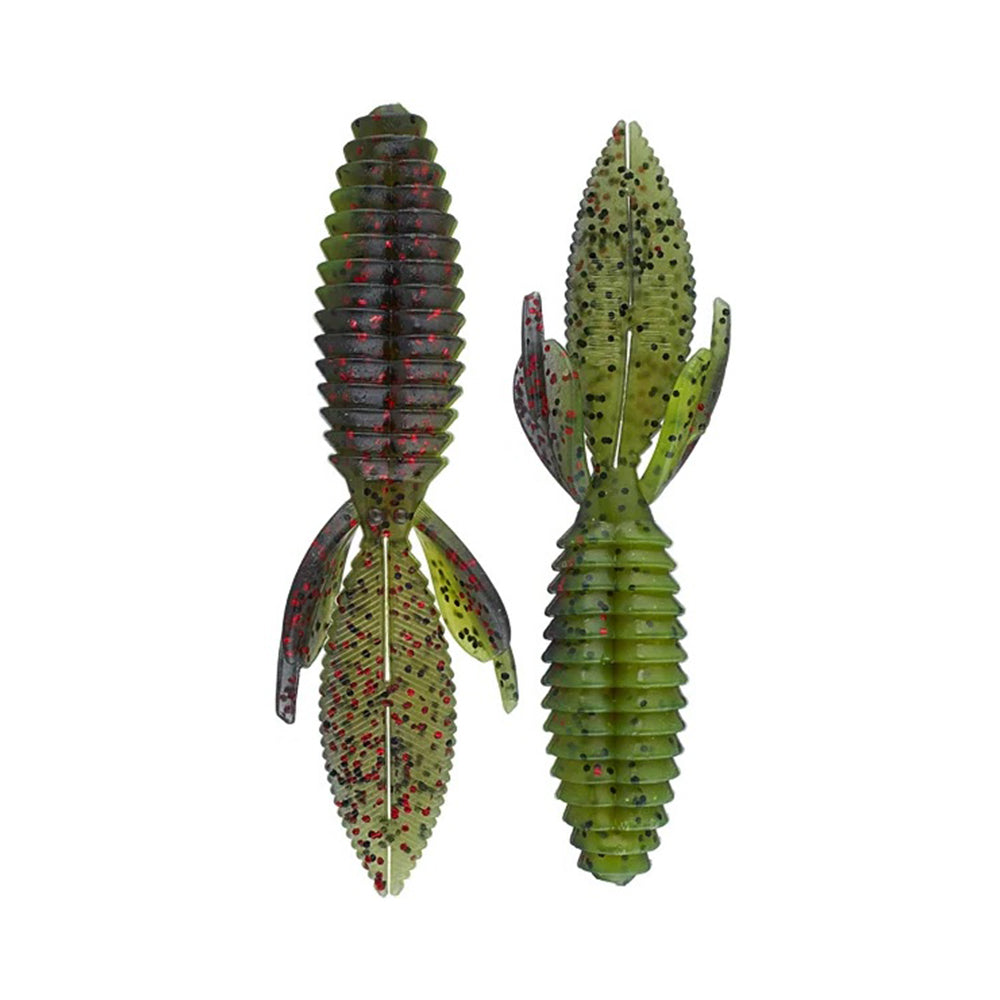 Two Reaction Innovations Sweet Beaver 4.20 lures in green and black with red speckles, crafted from soft plastic and resembling insects, are shown side by side against a white background—perfect flipping baits for dedicated anglers.