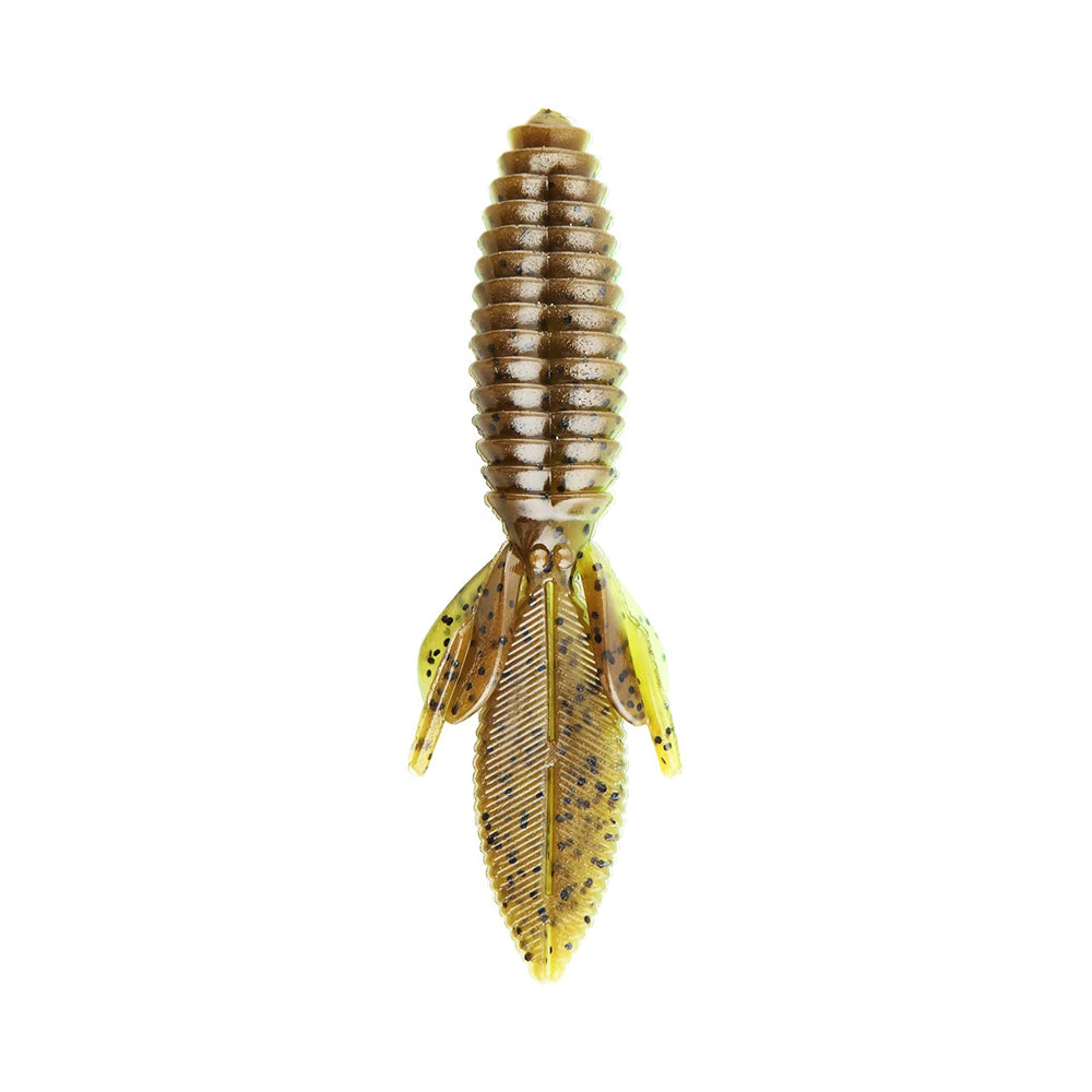 The Reaction Innovations Sweet Beaver 4.20 by Reaction Innovations is a soft plastic lure ideal for flipping bait, featuring a ribbed, segmented body in brown and green with yellow appendages speckled black on a white background that imitates a soft-bodied insect.