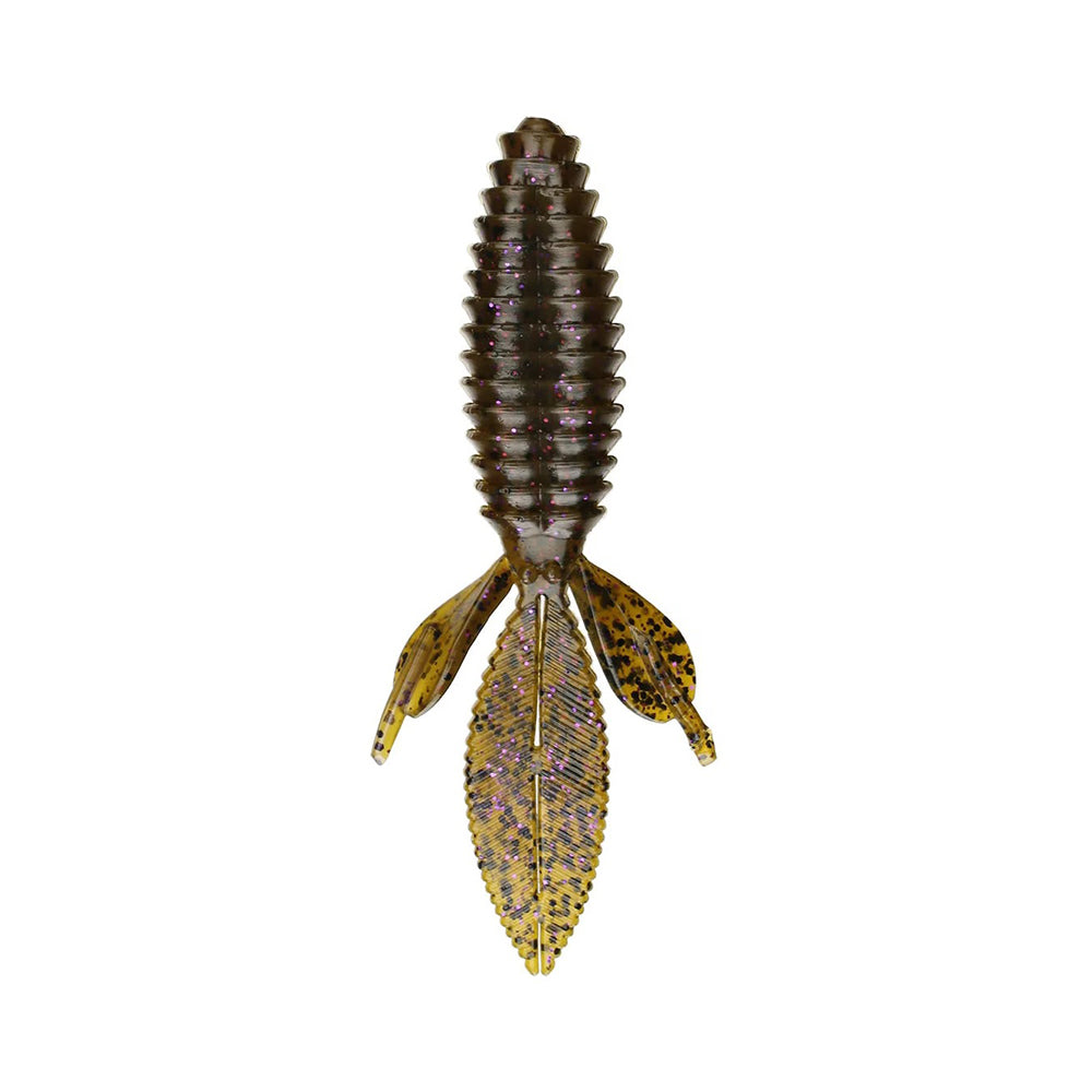 The Reaction Innovations Sweet Beaver 4.20 soft plastic lure is expertly designed to mimic an insect or larva, featuring a brown segmented body with three appendage-like structures that resemble legs or wings, all embellished with a subtle speckled pattern.