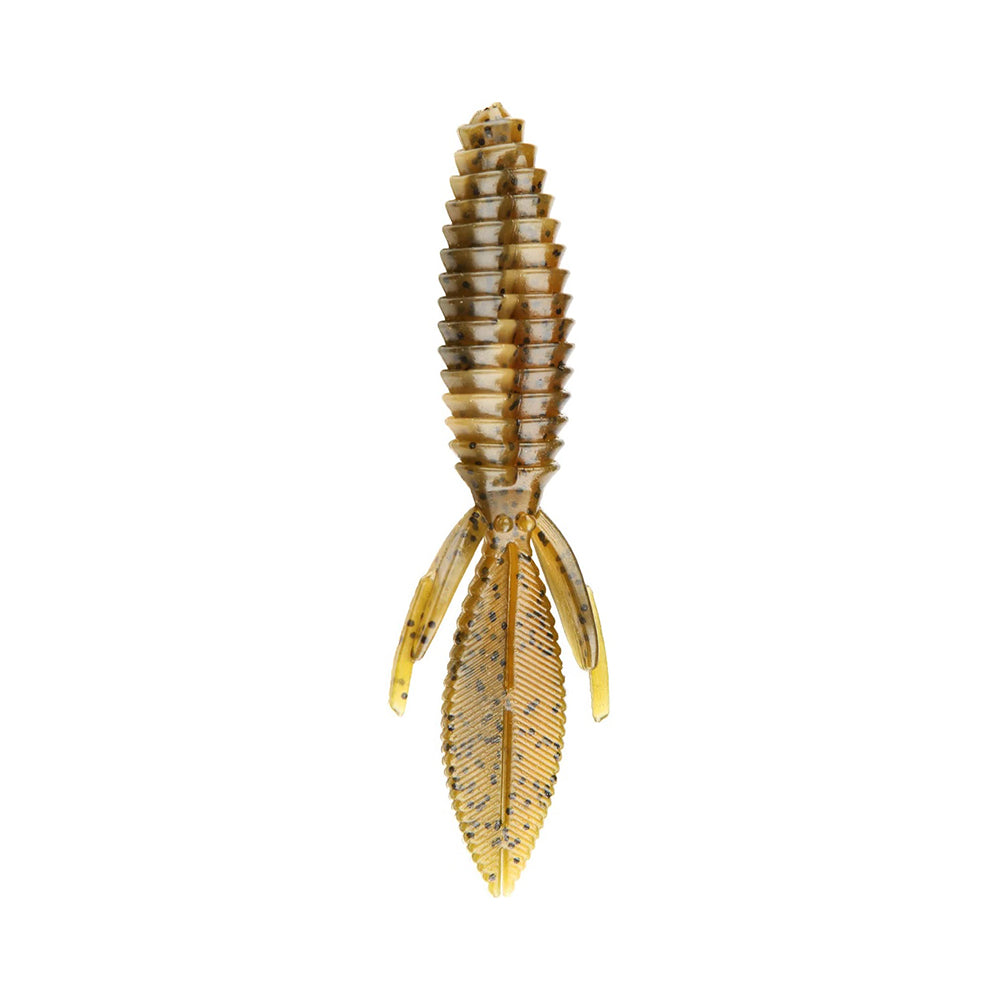 Close-up of the Reaction Innovations Sweet Beaver 4.20 soft plastic lure by Reaction Innovations. It resembles an insect with a segmented, ribbed body and three pairs of thin leg-like appendages in shades of brown and yellow, ideal for flipping.