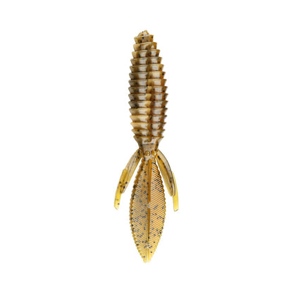 Close-up of the Reaction Innovations Sweet Beaver 4.20 soft plastic lure by Reaction Innovations. It resembles an insect with a segmented, ribbed body and three pairs of thin leg-like appendages in shades of brown and yellow, ideal for flipping.