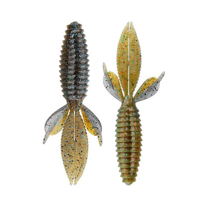 Two Reaction Innovations Sweet Beaver 4.20 soft plastic fishing lures from Reaction Innovations feature ribbed bodies and multiple appendages, resembling aquatic insects. These flipping baits are colored in brown and green tones with shiny flakes.