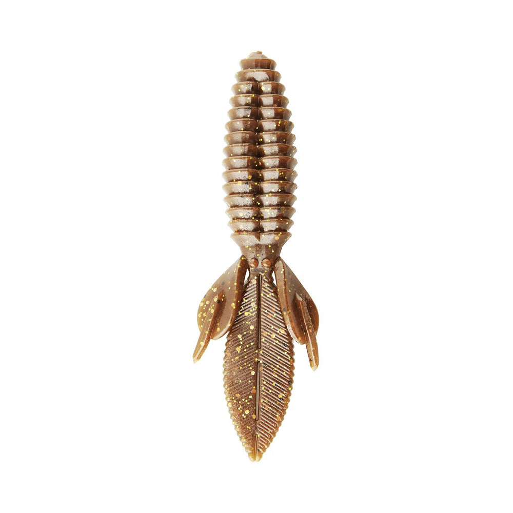The Reaction Innovations Sweet Beaver 4.20 is a brown ribbed soft plastic lure, ideal for flipping bait, equipped with two small side fins and a larger textured tail. It showcases gold glitter accents and reflects the Sweet Beaver style against a pristine white background.