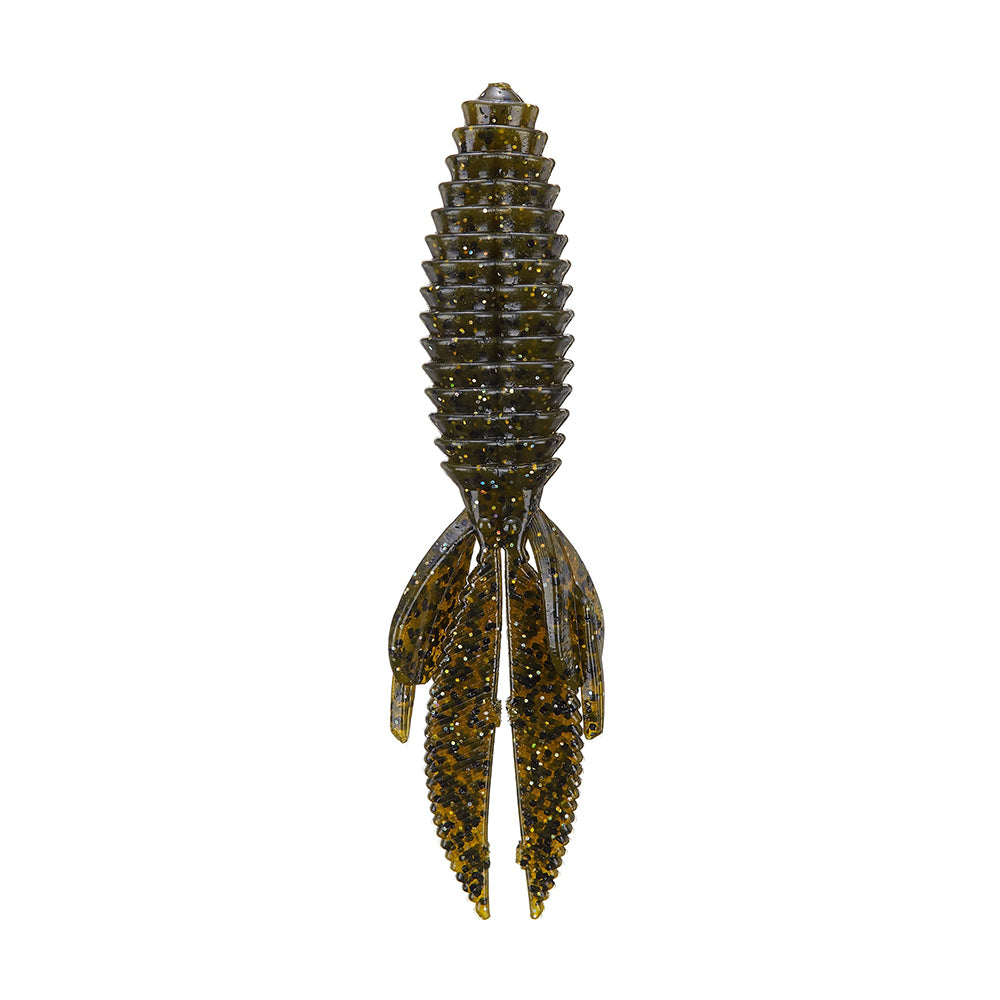 The Reaction Innovations Sweet Beaver 4.20, a brown and green ribbed soft plastic lure with flared appendages, resembles a crawfish or insect, making it a perfect flipping bait.