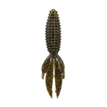 The Reaction Innovations Sweet Beaver 4.20, a brown and green ribbed soft plastic lure with flared appendages, resembles a crawfish or insect, making it a perfect flipping bait.