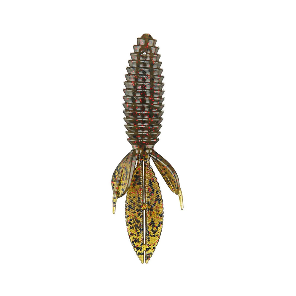 The Reaction Innovations Sweet Beaver 4.20 is a translucent, segmented soft plastic lure with an elongated body and corn-like layers. It features two large, pointed wings near the base, speckled with yellow and dark spots, ideal for flipping—making it a top choice for anglers.