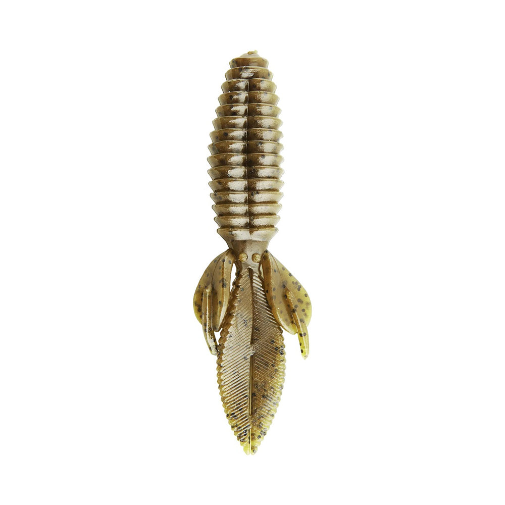 Close-up of the Reaction Innovations Sweet Beaver 4.20 lure, intricately sculpted with a segmented body, two textured wings, and curved appendages. It's colored in brown and green shades with subtle speckles, resembling an insect.