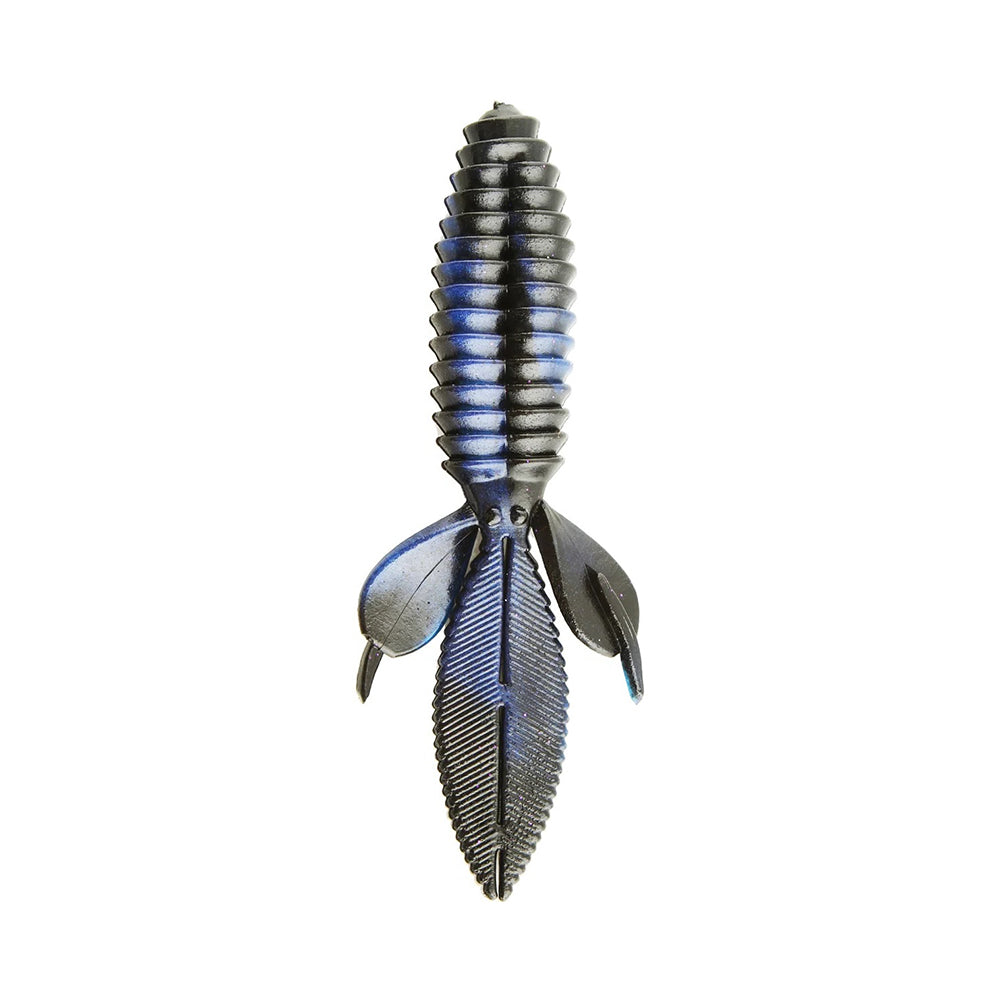 The Reaction Innovations Sweet Beaver 4.20 is a blue and black ribbed soft plastic lure with a tapered body, textured fins, and multiple appendages like a creature or insect, ideal for flipping bait on your next fishing adventure.
