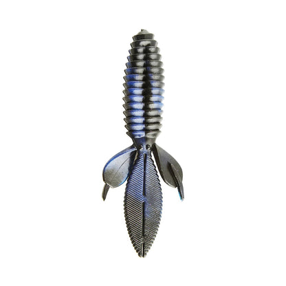 The Reaction Innovations Sweet Beaver 4.20 is a blue and black ribbed soft plastic lure with a tapered body, textured fins, and multiple appendages like a creature or insect, ideal for flipping bait on your next fishing adventure.