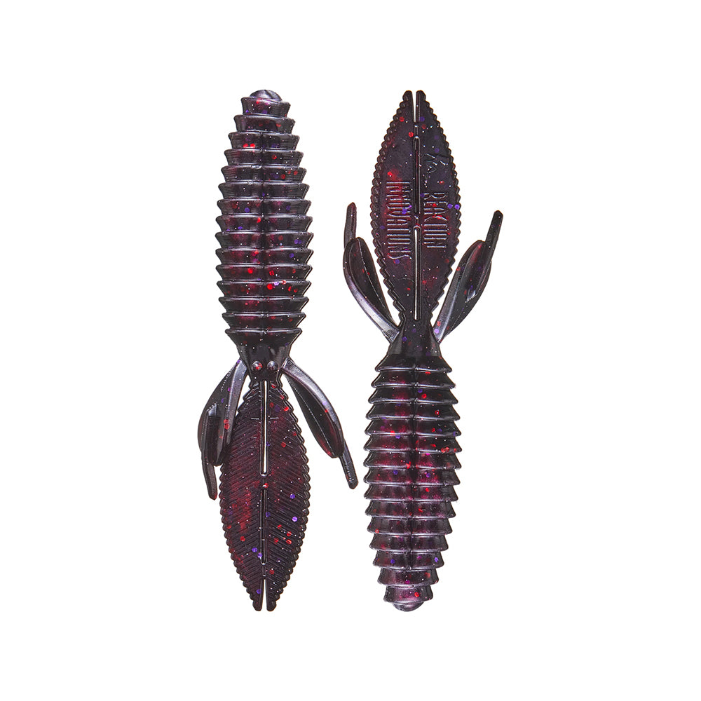 The Reaction Innovations Sweet Beaver 4.20 is a set of dark-colored, ribbed, oval-shaped soft plastic fishing lures with side and end protrusions plus a subtle sparkle. Ideal for flipping baits in heavy cover to attract fish.