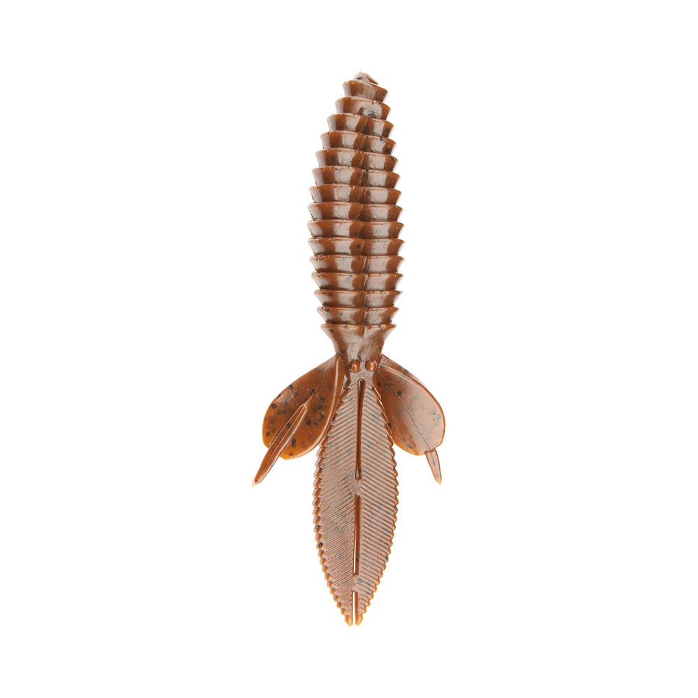 A close-up of the Reaction Innovations Sweet Beaver 4.20, a soft plastic bait mimicking insect or crawfish features. It has a brown ribbed body, side appendages, and a double-tailed end for underwater attraction.