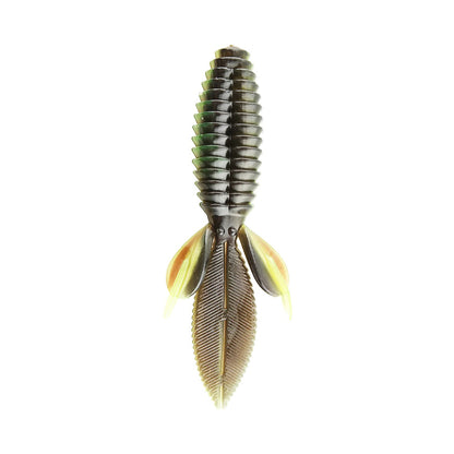 Close-up of a metallic object resembling a futuristic rocket ship with features similar to the Reaction Innovations Sweet Beaver 4.20 by Reaction Innovations, including a ribbed body like flipping bait, smooth fins, elongated pointed wings, and a mix of glossy and matte surfaces in symmetrical design.