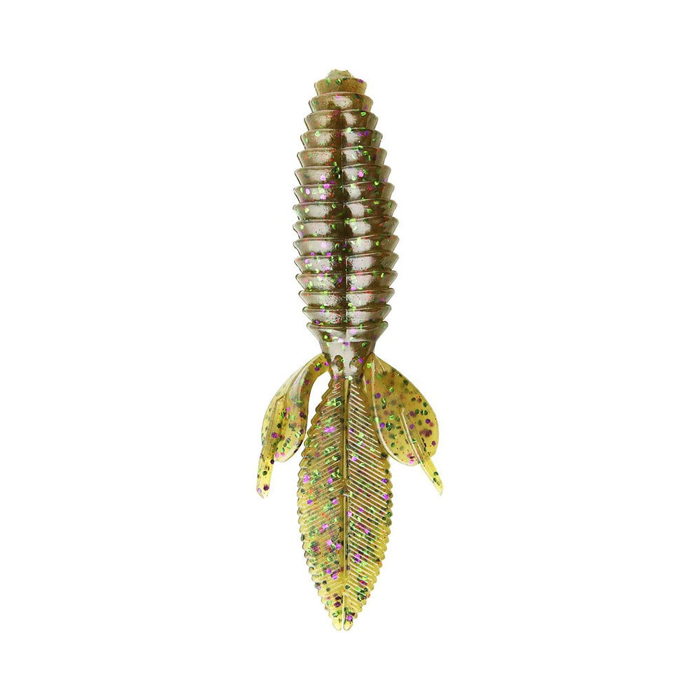 The Reaction Innovations Sweet Beaver 4.20 by Reaction Innovations is a realistic fishing lure with a ribbed, translucent greenish-yellow body, featuring two leaf-like wings and a tail adorned with pink and purple speckles, mimicking an insect or aquatic creature.