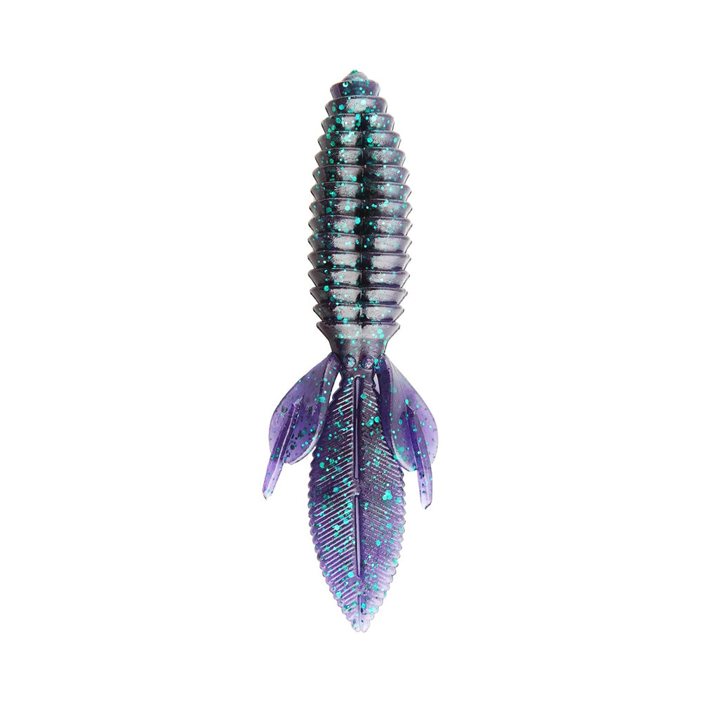 The Reaction Innovations Sweet Beaver 4.20 is a purple and blue iridescent, ribbed soft plastic lure featuring two leaf-shaped fins and a pointed tail, designed to mimic aquatic creatures for perfect flipping bait in fishing.