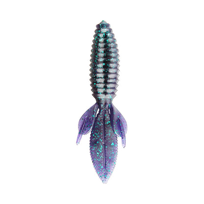 The Reaction Innovations Sweet Beaver 4.20 is a purple and blue iridescent, ribbed soft plastic lure featuring two leaf-shaped fins and a pointed tail, designed to mimic aquatic creatures for perfect flipping bait in fishing.