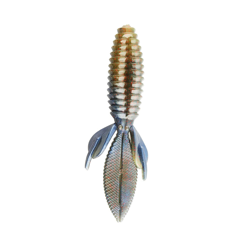 The Reaction Innovations Sweet Beaver 4.20 is a shiny, metallic, textured fishing bait shaped like a streamlined fish with rib-like segments, featuring two side fins and a tail fin meticulously designed to attract fish.