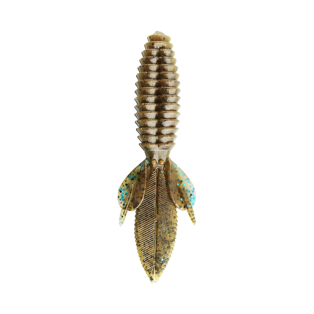 The Reaction Innovations Sweet Beaver 4.20 fishing lure, by Reaction Innovations, is a lifelike design resembling an insect larva. It features a segmented, tapered body with blue-specked translucent fins and leaf-like appendages at the back, making it perfect flipping bait for your tackle box.