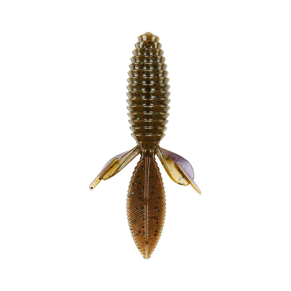 The Reaction Innovations Sweet Beaver 4.20 is a brown and green soft plastic fishing lure with a textured, segmented body and two wing-like side fins. Its symmetrical design tapers at both ends, ideal for flipping bait in targeted casts.