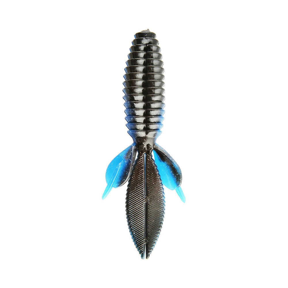 Introducing the Reaction Innovations Sweet Beaver 4.20, a soft plastic lure by Reaction Innovations. It features a ribbed black body, two oval wings, and leaf-shaped blue appendages for colorful contrast and effective bait action against any white backdrop.